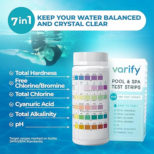 Varify 7 in 1 Pool and Spa Test Strips- Easy to Use Water Testing Kit for Pool, Spa, Hot Tub & More - Tester Strip for Water Hardness, Chlorine, Bromine, pH, Alkalinity and Cyanuric Acid (100 Strips)