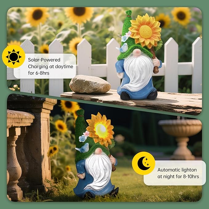 Solar Gnome with Glowing Sunflower Light,Weatherproof Resin Garden Figurine Decor Auto On/Off - Fairytale Statue Gift for Patio,Yard & Gifts