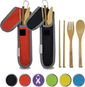 Travel Utensils with Case Set Fork, Knife, Spoon, Chopsticks, Straw, Straw-cleaning brush, Travel Pouch and Carabiner, Excellent For Everyday Use! ((2 Sets) Midnight Black/Sunset Red)
