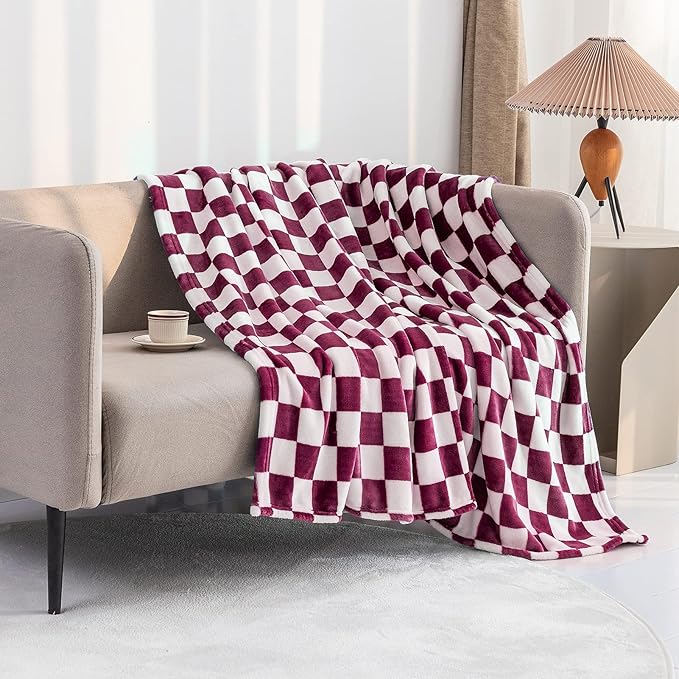 LOMAO Throw Blankets Flannel Blanket with Checkerboard Grid Pattern Soft Throw Blanket for Couch, Bed, Sofa Luxurious Warm and Cozy for All Seasons (Burgundy, 50"x60")
