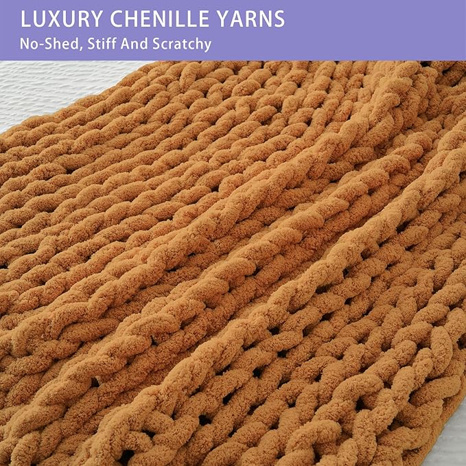 Bigacogo Chunky Knit Throw Blanket for Couch, 40x40 inches, 100% Hand Knitted with Thick Jumbo Chenille Yarn, Cozy Soft Large Rope Knot Cable Crochet Blankets for Sofa Bed Living Room, Burnt Orange