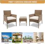 YIYAN 3 Pieces Patio Bistro Set Outdoor Wicker Furniture Outdoor Porch PE Rattan Wicker Chairs Furniture Sets with Sofa Chairs,Glass Coffee Table and White Washable Cushion