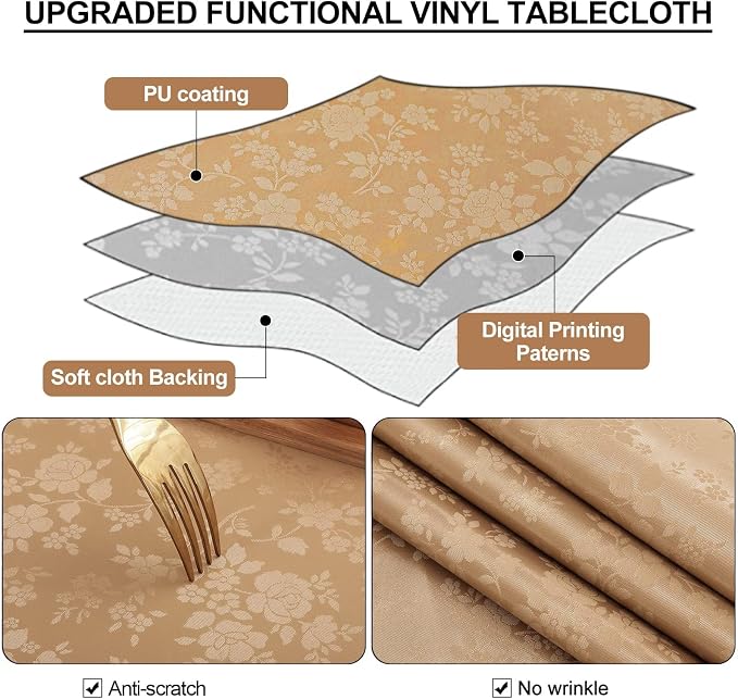 Smiry Rectangle Waterproof Heavy Duty Vinyl Tablecloths, 60 x 140 Inch | Wipeable Washable Floral Embossed Table Cover for Kitchen and Dining Room, Indoor & Outdoor Use, Brown