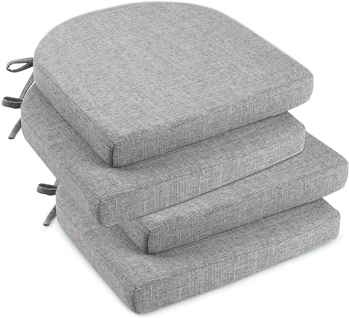 downluxe Indoor Chair Cushions for Dining Chairs, Soft and Comfortable Textured Foam Kitchen Chair Pads with Ties and Non-Slip Backing, 16" x 16" x 2", Light Grey, 4 Pack