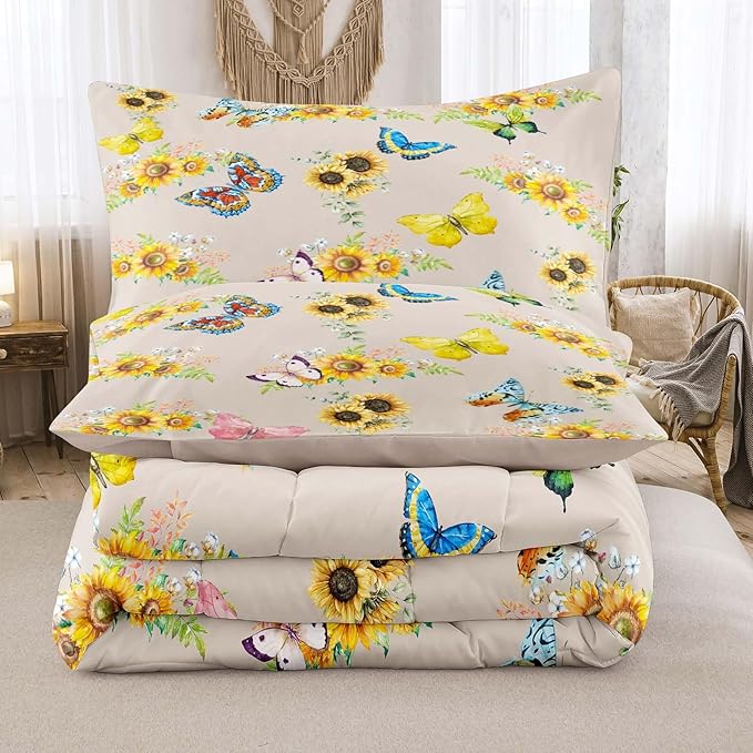 Tailor Shop Sunflower Comforter Sets King Size,Sunflower Bedding Sets for Teens Kids Butterflies Comforter Sets,Butterfly Bedding Sets Vintage Yellow Flowers Bedding Sets with 2 Pillowcases