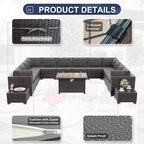15PCS Patio Furniture Set with Fire Pit Table Outdoor Sectional Furniture Outdoor Sofa Rattan Patio Conversation Sets with 43in 55,000 BTU Propane Gas Fire Pit Table Glass Table, Grey
