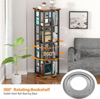 EasyCom Rotating Bookshelf with Metal Frame, 360 Display Wood Revolving Bookcase, 4-Tier Corner Bookshelf with Storage, Floor Standing Spinning Bookshelf for Living Room, Office, Brown