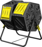 Compost Bin, 37-Gal Dual Chamber Composter Tumbler, Black Yellow | Steel Frame with 2 Sliding Door and Aeration System, 360° Rotating, Tumbling Composting Bin for Kitchen, Garden, Yard