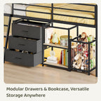 Bonnlo Low Loft Bed with 3 Drawers, 2-Tier Storage Shelf and Toy Storage Basket, Metal loft Bed Twin Size with LED Lights and Safety Guardrail for Kids (Black)
