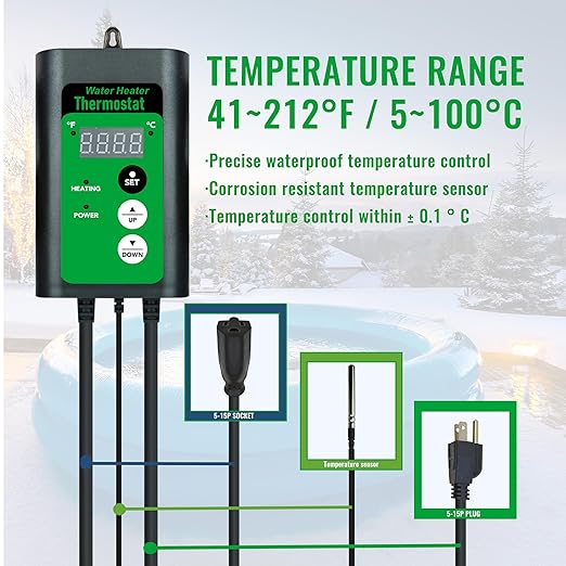 1800W Fully Submersible Water Heater for Hot Tub & Above Ground Pool – Portable Immersion Electric Heater with GFCI & Thermostat for Bathtub, Inflatable Pool, Baptistry, Sap and Bucket