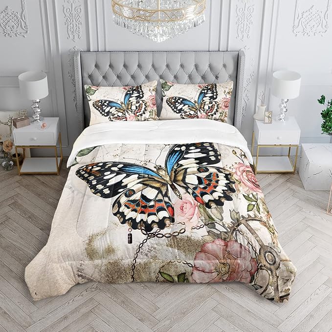 Butterfly Comforter Set for Girls Kids Adults Butterfly Rose Bedding Set Aesthetics Butterflies Quilt Duvet Set Full Size with 1 Comforter and 2 Pillowcases