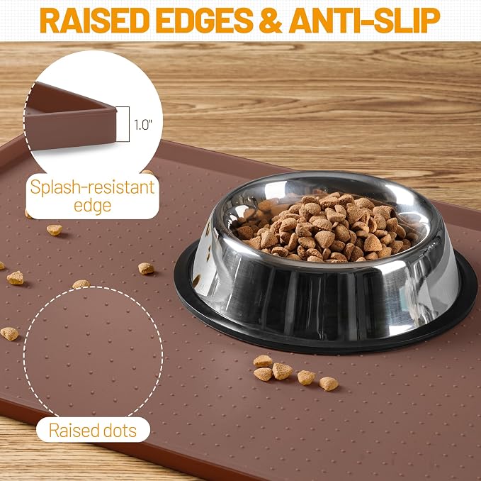 Hubulk Dog Feeding Mat,100% Waterproof Food Grade Silicone Pet Food and Water Bowl Placemat,Dishwasher, High Raised Edge to Prevent Spills,Nonslip Tray to Stop Messes on Floor（28"x18"x0.8", Brown）