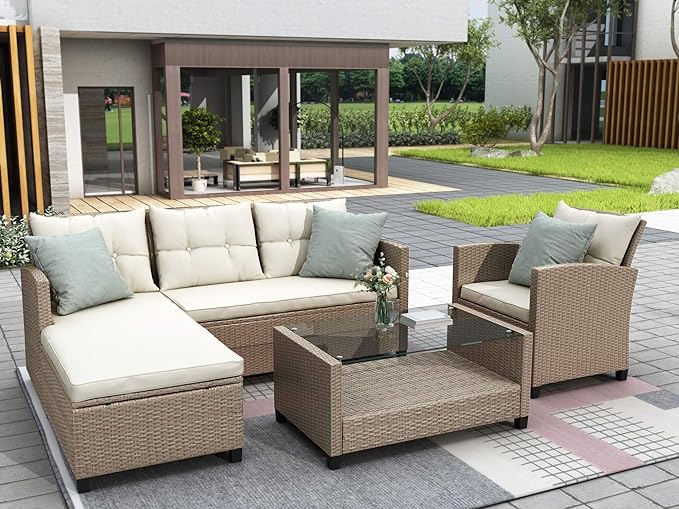 Outdoor Patio Furniture Sets, 4 Piece Rattan Conversation Sofa Wicker Sectional Couch with Chaise Lounge, Single Sofachair, Seat Cushions and Glass Table, for Garden Backyard Deck, Beige