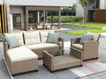6 Piece Patio Furniture Rattan Outdoor Sectional Conversation Sets, Dining Table Chair with Bench and Cushions for Backyard, Pool, Lawn, O-Beige
