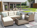 6 Piece Patio Furniture Rattan Outdoor Sectional Conversation Sets, Dining Table Chair with Bench and Cushions for Backyard, Pool, Lawn, O-Beige