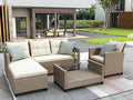 4PCS Patio Furniture Set, Outdoor Wicker Conversation Sectional L-Shaped Sofa with 4 Seater Thickness Coffee Table, for Backyard, Porch, Onesize, E-Beige Cushion+Brown Rattan