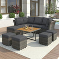 9-Pieces Outdoor Rattan Sectional Sofa Set, Wicker Patio Conversation Furniture with L-shape Couch&Storage Ottomans, Acacia Wood Coffee Table, for Garden Yard, Grey Wicker&Grey Cushion