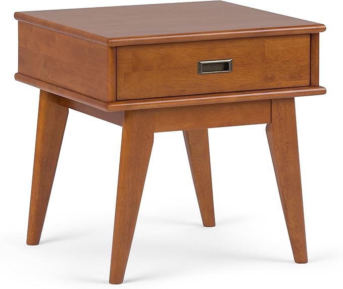 SIMPLIHOME Solid Hardwood 22 Inch Mid Century Bookcase, End Table and Storage Unit Bundle in Teak Brown, 6 Shelves and Drawer
