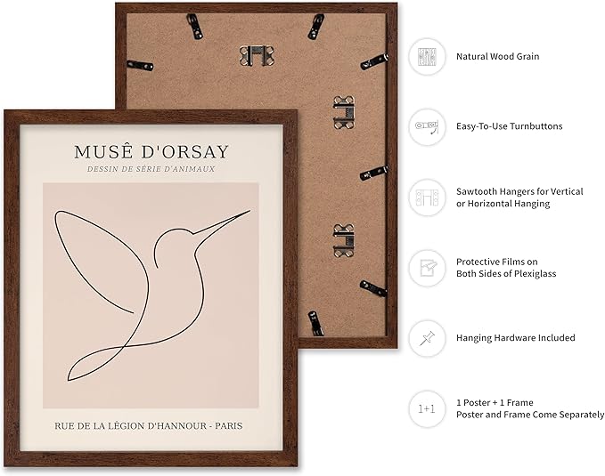 Poster Master Vintage Poster - Retro One Line Hummingbird Drawing Print - Bird Line Art - Minimal Gift for Him, Her, Animal Lover - Abstract Decor for Home, Office, 11x14 Brown Framed