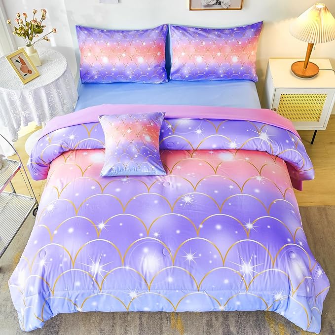 PERFEMET Purple Mermaid Twin Comforter Set for Girls, 6 Pieces Colorful Rainbow Twin Bedding Sets, Tie Dye Ombre Glitter Bed in A Bag Comforter Set with Sheets