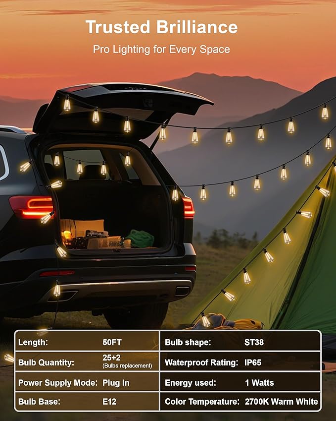 Outdoor String Lights - 50FT LED Patio Lights with 27 Shatterproof Waterproof Bulbs, Connectable Dimmable Edison IP65 ST38 Outside Lights for Garden, Balcony, Porch, Backyard, Deck, Home Decor