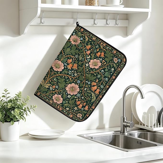 Vintage Floral Dish Drying Mat for Kitchen Counter Coffee Bar 18x24 in | Decorative Non Slip Absorbent Kitchen Dishes Drainer Mat, with Anti-slip Rubber Backing & Hanging Loop, for Sink, Home Gift