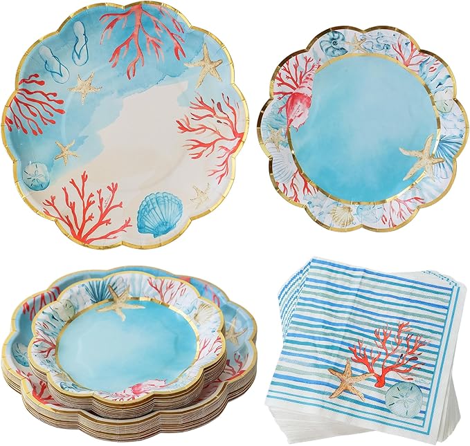 Kate Aspen Beach Party Decorations - 62 Piece Coastal Plates and Napkins Party Supplies for 16 Guests - Summer Tableware for Bridal Shower, Luau, Wedding, Pool Parties & More