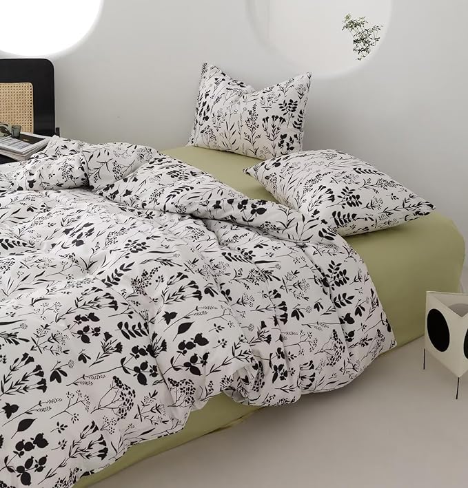 Botanical Comforter Set King White and Black Floral Plant Bedding Comforter Set Girls Garden Pattern Printed on White Blanket Rustic Leaf Blossom Women White Farmhouse Comforter King