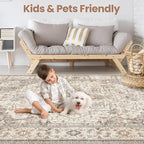 Washable Area Rugs for Living Room - 8x10 Neutral Vintage Distressed Floral Farmhouse Boho Large Soft Floor Rug Indoor Non Slip Carpet for Bedroom Dining Room Office - Brown/Multi