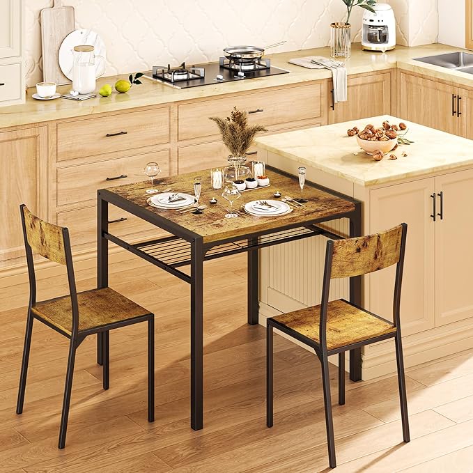 Gizoon 3-Piece Dining Table Set for 2, Small Kitchen Table & Chairs Rustic | Compact rustic 2-person dining set perfect for apartments. Features under-table storage rack and 2 chairs that tuck away.