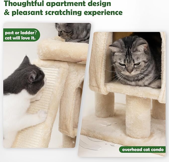 Meowoou Palm Cat Tree Tower for Indoor Cats with Cozy Cat Condo, 33'' Natural Sisal Scratching Posts and Plush Pom-pom for Small Kitty