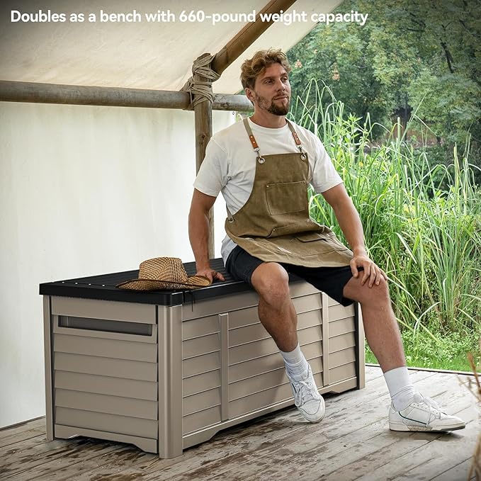 DWVO Large Deck Box 120 Gallon Waterproof Outdoor Storage Box, Extra Large Outdoor Bin, Resin Louvered Patio Storage for Pillows, Garden Tools & Pool Supplies, Lockable, Black&Brown