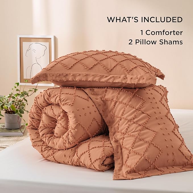 Bedsure Queen Comforter Set - Pumpkin Comforter, Boho Tufted Shabby Chic Bedding Comforter Set, 3 Pieces Vintage Farmhouse Bed Set for All Seasons, Fluffy Soft Bedding Set with 2 Pillow Shams