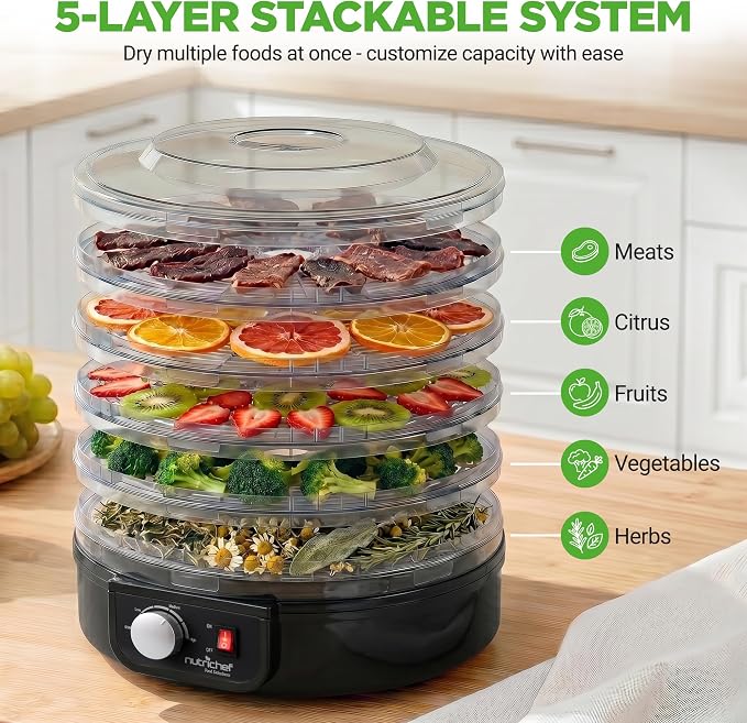 NutriChef Food Dehydrator Machine - Professional Electric Multi-Tier Food Preserver, Meat or Beef Jerky Maker, Fruit & Vegetable Dryer with 5 Stackable Trays