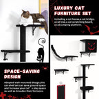 5 Pcs Wall-Mounted Climber Set, Wood Indoor with Shelves and Perches, Ladder, Condo House, Scratching Board and Tree, Wall Shelves Furniture for Cats (Black&Red)