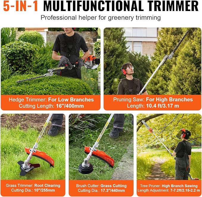 VEVOR 5-in-1 26cc 2 Cycle Gas Powered Dual Sided Hedge Trimmer, Weed Eater, String Trimmer, Edger, Pole Saw Chainsaw Pruner with EPA, CE and EMC Certification