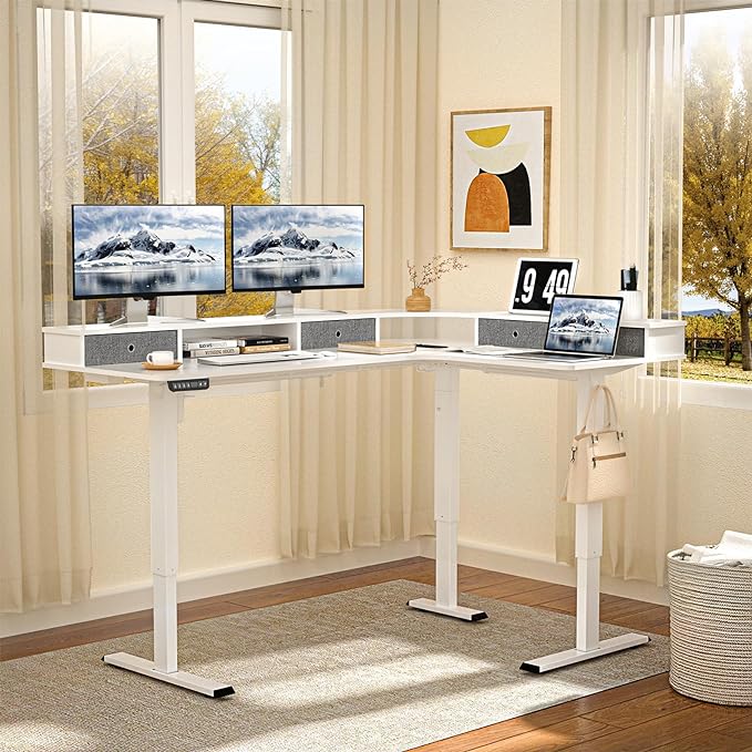 L Shape Standing Desk, 67 * 48 Inches Adjustable Height Standing Desk with 4 Drawers, Corner Electric Standing Desk with Monitor Stand for Home Office, Snow White
