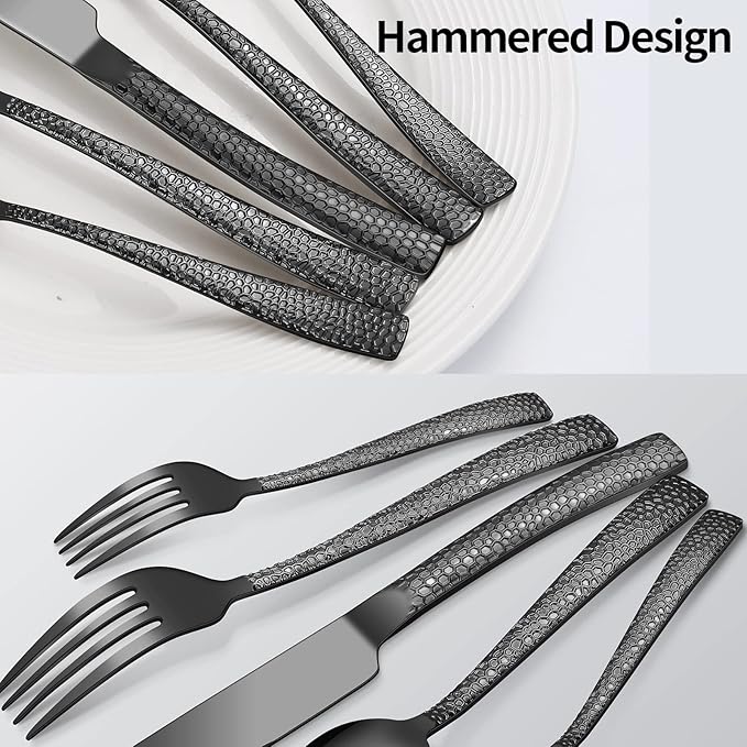 20-Piece Silverware Set, Black Hammered Stainless Steel Flatware for 4, Food-Grade Tableware, Including Fork, Knife, Spoon Set, Home Kitchen Cutlery, Dishwasher Safe