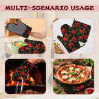 Vintage Red Rose Oven Mitts and Pot Holders (4PCS),Heat Resistant Non-Slip Silicone Kitchen Gloves for Cooking, Baking, BBQ Waterproof Kitchen Accessories