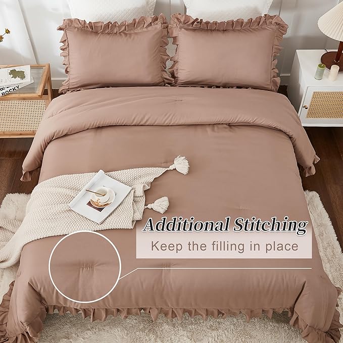 Andency Taupe Queen Comforter Set(90x90Inch), 3 Pieces(1 Ruffle Comforter and 2 Pillowcases) Solid Bedding Comforter Sets for Queen Bed, Lightweight and Fluffy Soft Microfiber Bedding Set