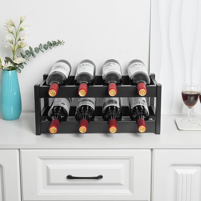 VASMIA Bamboo Wine Rack, 2-Tier Wine Racks Countertop Cabinet Wine Holder Wine Storage Shelf for Pantry Kitchen Bar Black