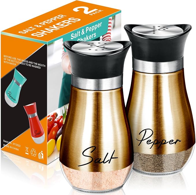 Salt and Pepper Shakers - 4 oz Copper Glass Set with Stainless Steel Lids | Refillable Glass Shakers with Stainless Steel Lids for Cooking, Dining, RV Trips, Camping and BBQs; 4 oz Capacity Each.