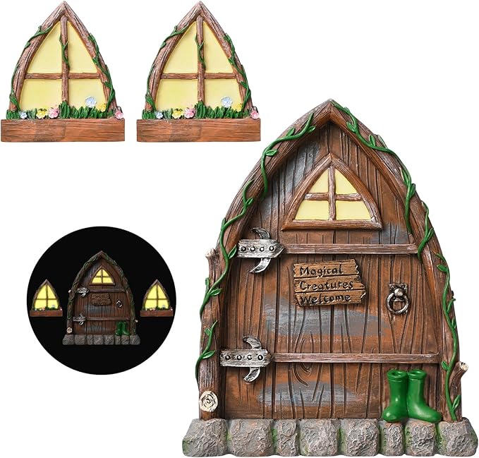 Resin Fairy Door and Window for Trees,Glow in The Dark,Miniature Fairy Garden Accessories,Garden Outdoor Decor for Trees,Gnomes House，Elf House