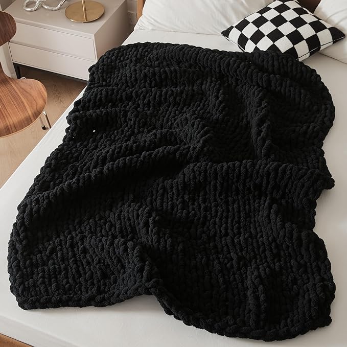 WESHIONGOO Chunky Knit Blanket Throw 40"*40" Knitted Throw Blankets for Couch Bed Fluffy Soft Blanket with Jumbo Chenille Yarn Thick 100% Handmade(Black)