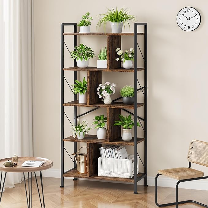 5 Tier Bookshelf with Storage, 61 Inch Tall Industrial Book Shelf with Open Display Bookshelves, 5 Shelf Bookcase with Metal Frame for Living Room, Bedroom and Home Office-Rustic Brown