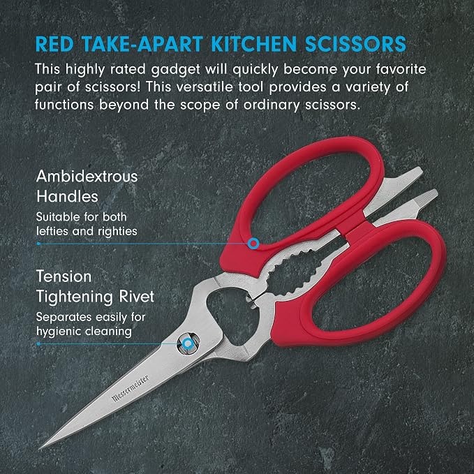 Messermeister 8-Inch Take-Apart Kitchen Scissors, Red - Includes Screwdriver, Nut Cracker, Jar Lid Opener/Gripper, Bottle Opener & Bone + Twig Cutter - Suitable for Lefties & Righties