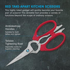 Messermeister 8-Inch Take-Apart Kitchen Scissors, Red - Includes Screwdriver, Nut Cracker, Jar Lid Opener/Gripper, Bottle Opener & Bone + Twig Cutter - Suitable for Lefties & Righties