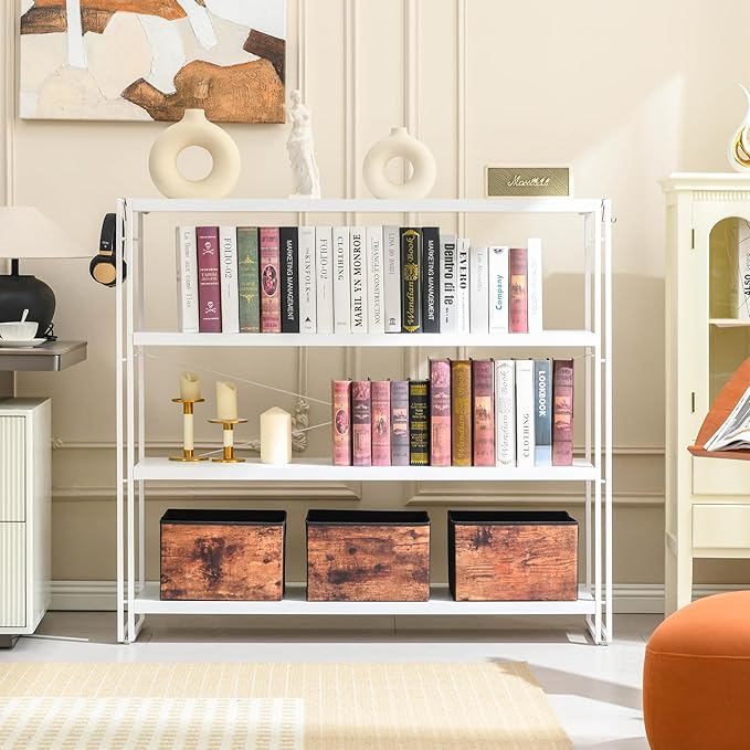 HCHQHS Bookshelf, 4-Tier Industrial Bookcase, White Open Book Shelf, Freestanding Tall Bookshelves with Metal Frame