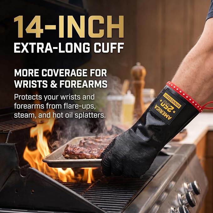 PRO BBQ Gloves, Black Neoprene, 14-Inch, Heat Resistant up to 932°F, Waterproof with Cotton Lining, America 250th Anniversary Edition, Includes Storage Bag (Close Fit-14INCH-932℉-PRO)