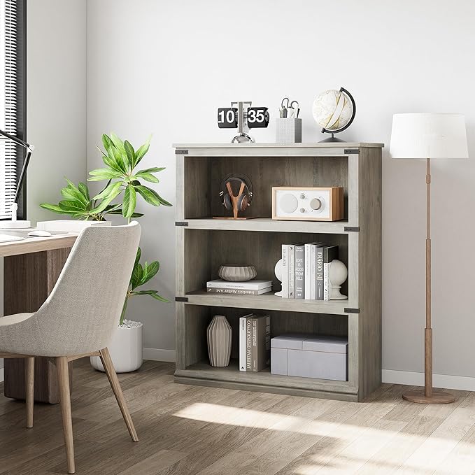 GAOMON 3 Tier Bookcase, Farmhouse Book Shelf with Storage, 40 Inch Tall Open Display Bookshelves, Wooden 3 Shelf Bookcase for Living Room, Bedroom - Grey